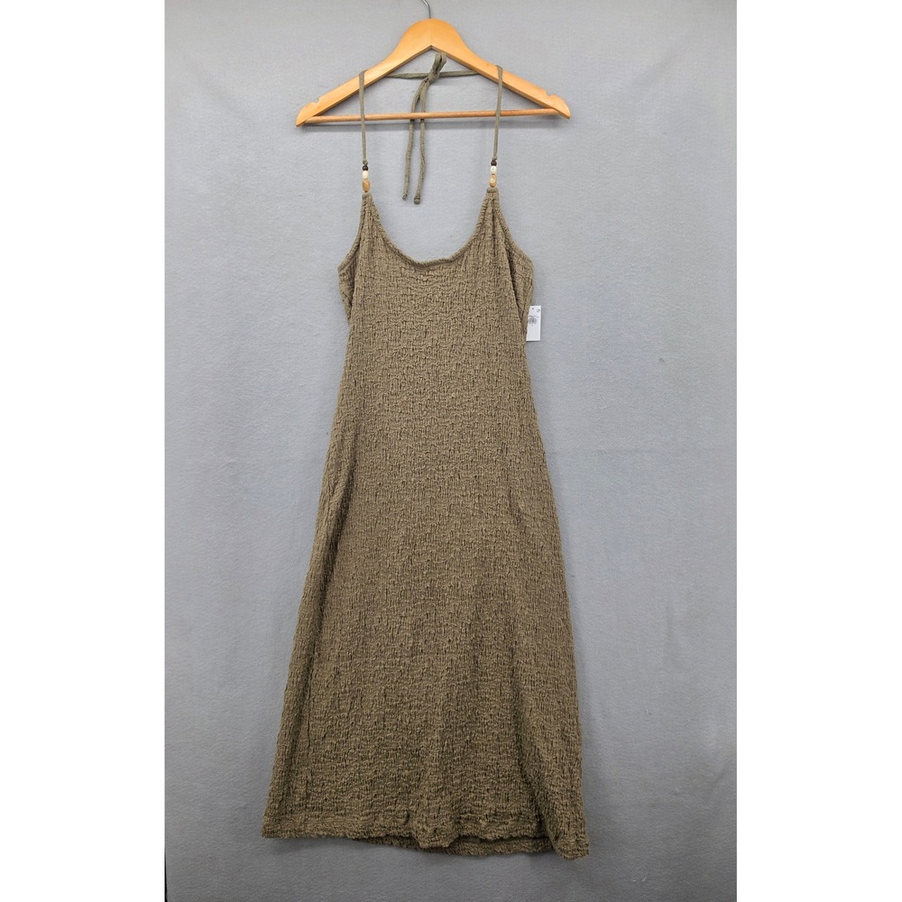 Old Navy Halter Midi Dress Large Brown Crinkle Knit Beaded Boho Summer New NWT